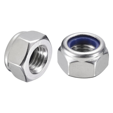 Heavy Duty M12 X 1.5 Nylon Insert Hex Lock Nuts 5 Pack 304 Stainless Steel Self Locking Fasteners With Blue Nylon Ring close-up view