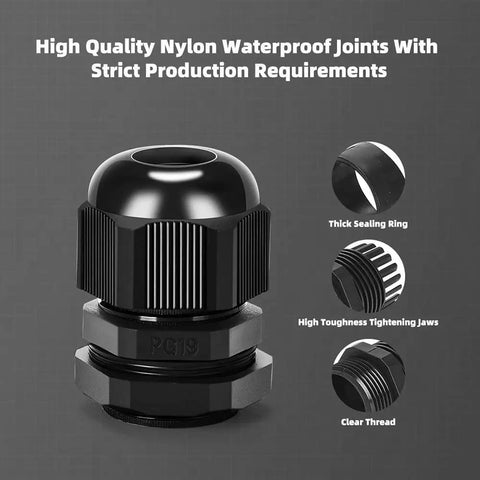 20 Pack Black Plastic Waterproof Cable Glands M20x1.5 For 6 To 11mm Cables, showing durable black nylon construction with sealing ring.