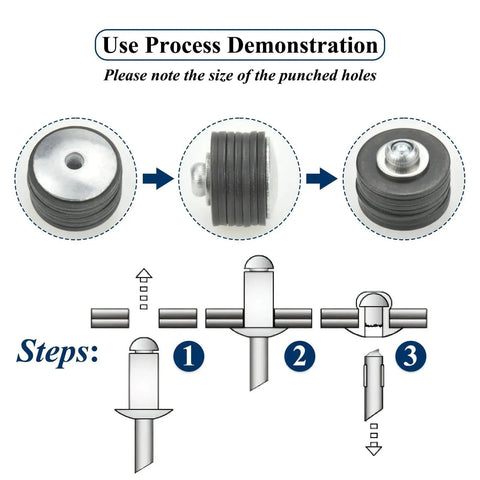 Heavy-Duty Five-Eighth Inch Aluminum Blind Rivets Kit, Large Flange Assortment, 300-Piece Pack For Quick, Secure, Vibration-Resistant Joints With Manual Or Pneumatic Rivet Tools showing use steps