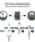 300-Piece Large Flange Aluminum Blind Rivets Kit, 5/8 Inch Diameter (16mm) Assortment For Quick Fixes And Pro Projects, Durable Aluminum Rivets With Flat Surface Clamping For Strong Secure Joints. use process diagram