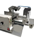 Badass 750W Brushless Belt Sander And Grinder With Rotatable Stand For DIY Woodworking Metal Polishing Knife Making High Precision Rugged Setup That Crushes Every Job close-up showing the motor and adjustable speed control on a sturdy aluminum frame.