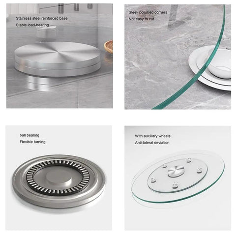 Tempered Glass Rotating Serving Tray With Aluminum Auxiliary Wheel Round Lazy Susan Turntable parts and features