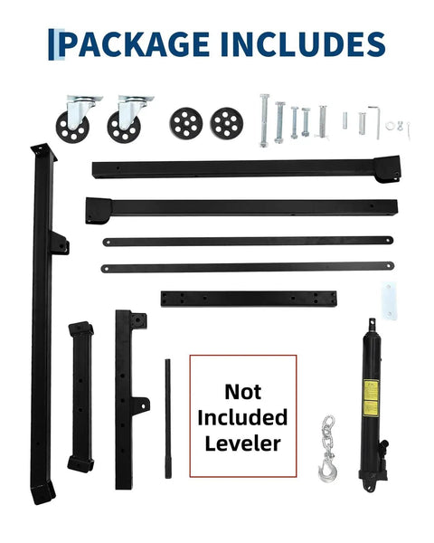 Shop Grade Hydraulic Engine Hoist Cherry Picker Crane With Rock Solid 3000 Lbs Lifting Capacity To Effortlessly Swap Motors And Haul Heavy Auto Parts In Black Finish package components displayed including bars, wheels, and hydraulic parts.