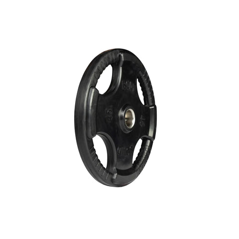 Heavy Duty Rubber Coated Olympic Weight Plate 45 Pounds with secure grip for home gym strength training.