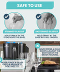 Image showing safe use tips for the Electric Countertop Glassware Polisher with stemmed and unstemmed glasses.