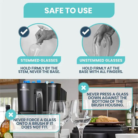 Image showing safe use tips for the Electric Countertop Glassware Polisher with stemmed and unstemmed glasses.
