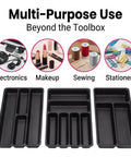 Three black plastic trays from Six Piece Tool Box Organizer Tray Divider Set Fits Mini Two Drawer Tool Box Old And New Slide Versions Real Handy Drawer Organizer Accessories For Tools Bits And Hardware, shown for electronics, makeup, sewing, stationery use.