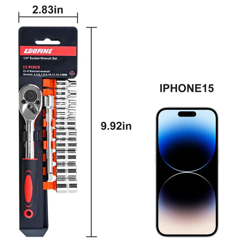 Compact Quarter Inch Drive Ratchet Socket Set With Ten Metric Sockets From Four To Thirteen Millimeters next to iPhone 15