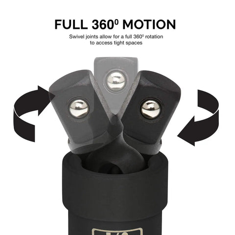 Impact Universal Joint Socket Swivel Set showing full 360-degree motion with Cr-Mo heat-treated steel, close-up view