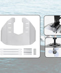 Rock Solid Stainless Steel Hydrofoil Stabilizer Fin For 40-350HP Outboard Motors with parts over water background.