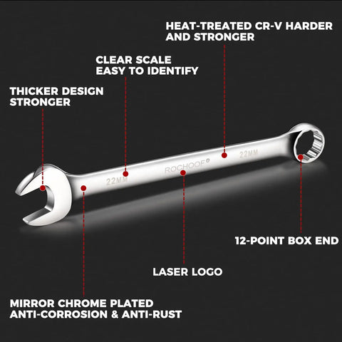 22mm wrench from 32 Piece Chrome Vanadium Wrench Set With 12 Point SAE And Metric Wrenches From Quarter Inch To One Inch And Seven To Twenty Two Millimeters Rolling Pouch Heavy Duty Rust Resistant Pro Grade.