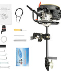 Powerful 9HP Four Stroke Outboard Motor For Inflatable Boats And Small Yachts 225CC Gasoline Engine with accessories displayed