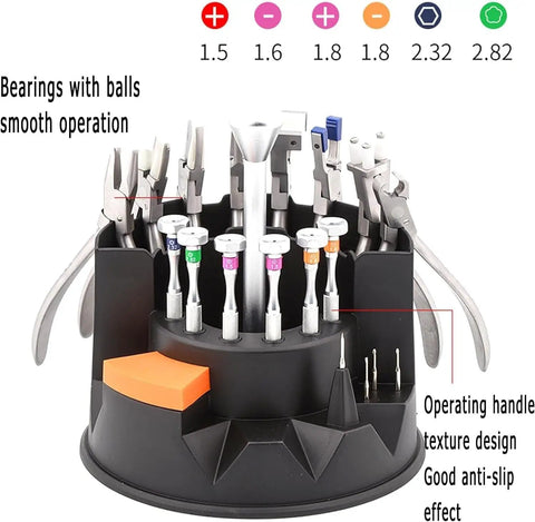 Eyeglass Repair Tool Kit Pro Grade With Six Precision Screwdrivers And Eight Versatile Pliers in a rotating stand.
