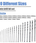 20 Piece HSS Mini Drill Bit Set 0.3mm To 1.6mm Shank Twist Drill Bits for Precision DIY Projects displayed by size