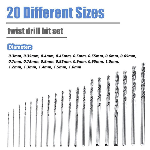 20 Piece HSS Mini Drill Bit Set 0.3mm To 1.6mm Shank Twist Drill Bits for Precision DIY Projects displayed by size