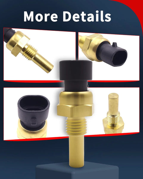 Engine coolant temperature sensor with brass body and black connector; collage of front/side views of the sensor.
