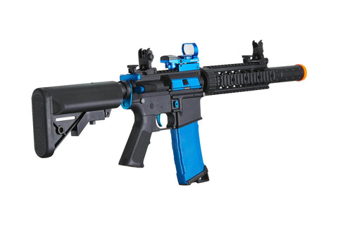 Gen 2 M4 SD Blue Carbine AEG Airsoft Rifle With Red Dot Sight, lightweight polymer build, and dope blue accents