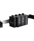 All In One 19 Inch DIN Rail Chassis Bracket Kit For 35mm DIN Mounted Gear, Quick Rack Mount Setup with industrial switches installed