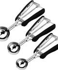 Triple Cookie Scoop Set With 1 Tbsp, 2 Tbsp, And 3 Tbsp Sizes, 18/8 Stainless Steel With No Slip Grip, displayed on white background
