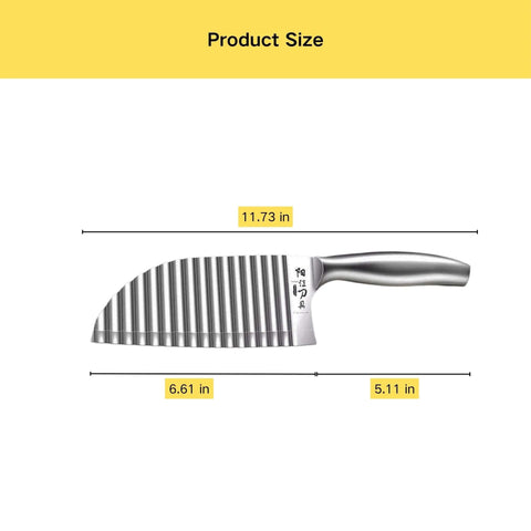 Crinkle cutter knife with stainless steel wavy blade and metal handle; 11.73-inch total length.