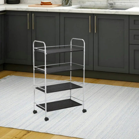 4pcs Inch Swivel Plate Casters for Rolling Chairs and Office Furniture on a mobile shelving unit in a kitchen.