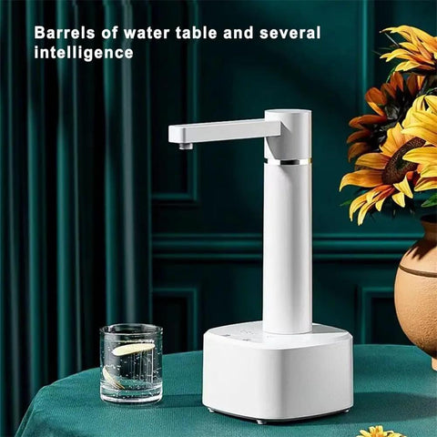 Desktop Water Dispenser With Hot And Cold Water, Three Level Volume Control, USB Charging, Electric ABS Pump, on table with glass