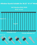 Black Window Safety Guards For Home dimensions and parts layout with extra wide no drill tension gate, fits 36.23 to 61.40 inches