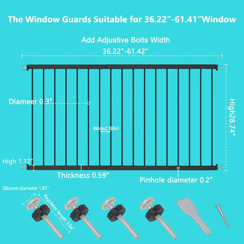 Black Window Safety Guards For Home dimensions and parts layout with extra wide no drill tension gate, fits 36.23 to 61.40 inches