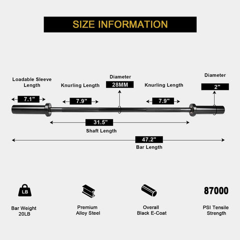 Diagram of Beefy Heavy Duty 4 Foot Barbell For Strength Training And Olympic Lifts, 2 Inch Sleeve, dimensions and features labeled.