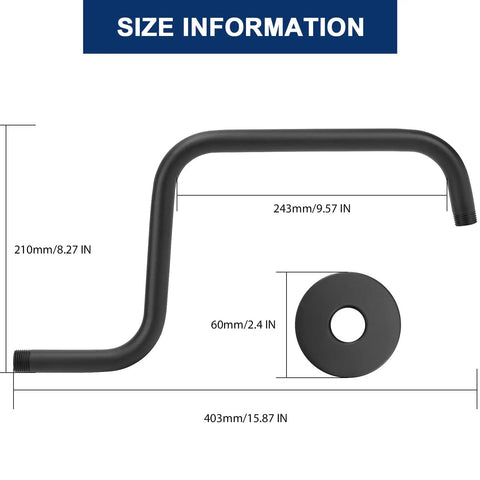 S Shape Stainless Steel Shower Extension Arm With Flange Built To Last, 16 Inch High Rise Shower Head Extender Pipe One Half Inch Horizontal Connection Matte Black Easy Clean Bathroom Accessory shown with size dimensions.