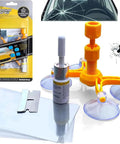 Pro Grade Windshield Crack Repair Kit Four Pack With Enhanced Injection Head and Suction Cup displayed with components