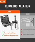 Comparison of gear puller set with case and assembled tool against complex components, highlighting ease of two-step assembly.