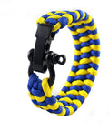 Zinc Alloy Bow Shackles 10 Pack For Paracord Survival Bracelets, shows black shackle on blue-yellow paracord bracelet
