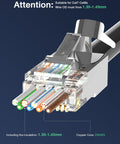 Close-up of Shielded Cat6A Cat7 RJ45 Pass Through Connector Kit With 3 Prong Gold Plated Contacts and Strain Relief Boots.