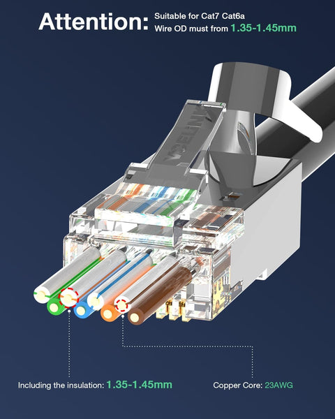 Close-up of Shielded Cat6A Cat7 RJ45 Pass Through Connector Kit With 3 Prong Gold Plated Contacts and Strain Relief Boots.