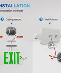 4 Pack Exit Sign With Emergency Lights, Red And Green Color Change, Ceiling and Wall Mount Installation Options Illustrated