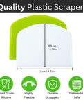Quality plastic scrapers in green and white showing dimensions with dishwasher safe and food-grade icons.