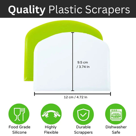 Quality plastic scrapers in green and white showing dimensions with dishwasher safe and food-grade icons.
