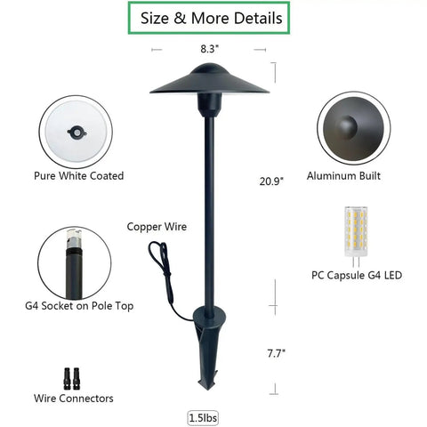 Cast Aluminum Low Voltage Landscape Pathway Light with Ground Spike and Wire Connectors, 20.9” height, 8.3” top hat.