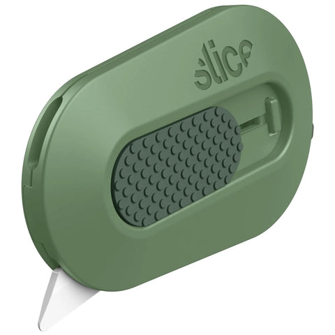 Compact Ceramic Box Cutter With Finger Safe Edge Zirconium Oxide Blade Manual Retracting Design Ultra Safe Box Opener Lasting 11x Longer Than Metal Great For Opening Packages 1 Pack Sage shown in close-up view with green handle and blade.