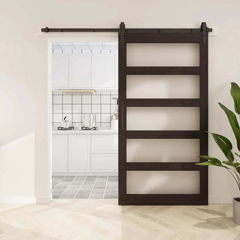 48x96 Inch Frosted Glass Barn Door With 8-Foot Sliding Hardware Included, 5-Panel Solid Wood Door Covered In Waterproof PVC Finish, Brown