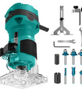 Compact Palm Wood Router Kit With 32000 RPM No Load Speed, Six Wood Bits, One Quarter Inch Collets and Adapters displayed