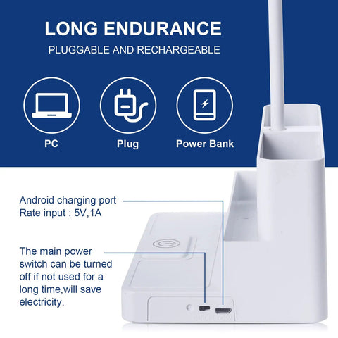 Rechargeable LED Desk Lamp With Pen And Phone Holder showing charging ports and power button for dorm or bedroom use.