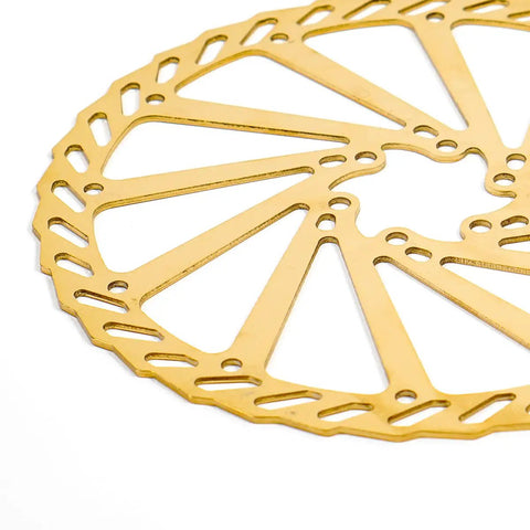 Close-up of gold finish disc showing Beefy Disc Brake Rotor Set 160Mm 180Mm 203Mm With Bolts Gold Finish, Stainless Steel, 2Mm Thick