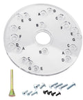 No Hassle Clear Acrylic Router Base Plate Upgrade With Letter Marked Holes For Template Guides showing mounting holes and screws.