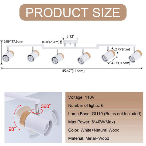 Six Light Flexible Track Lighting With 45.67 Inch Arms And 350 Degree Rotating Heads In Natural Wood Shade display