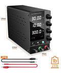 Variable Digital DC Power Supply 0 To 30V 0 To 10A Lab Bench Regulator with display and connectors, dimensions and cables.