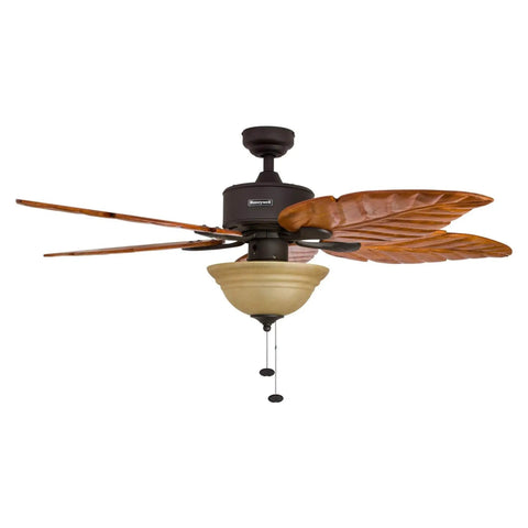 Sabal Palm 52 Inch Tropical LED Ceiling Fan With Light For Living Areas, Pull Chain Operation, bronze hand-carved blades