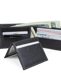 RFID Blocking Leather Wallet For Men With Removable ID Holder And Slim Design, genuine black leather with card and bill slots.