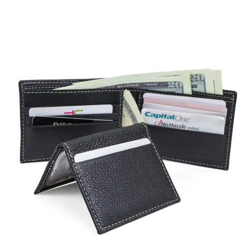 RFID Blocking Leather Wallet For Men With Removable ID Holder And Slim Design, genuine black leather with card and bill slots.